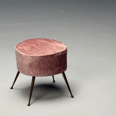 Italian Mid Century Modern Footstools Patinated Brass Pink Velvet 1950s