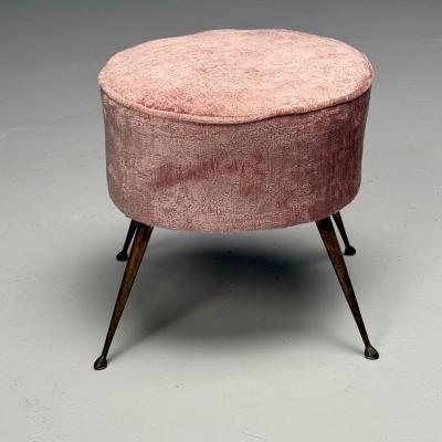 Italian Mid Century Modern Footstools Patinated Brass Pink Velvet 1950s