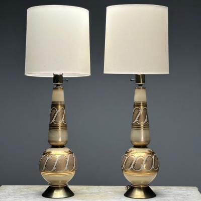 Italian Mid Century Modern Large Table Lamps Gold Glass Brass Italy 1960s