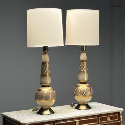 Italian Mid Century Modern Large Table Lamps Gold Glass Brass Italy 1960s