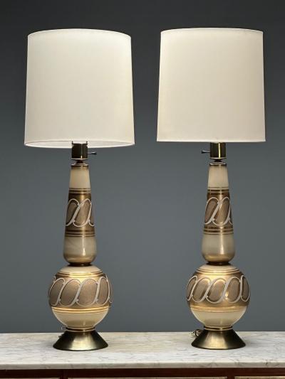 Italian Mid Century Modern Large Table Lamps Gold Glass Brass Italy 1960s