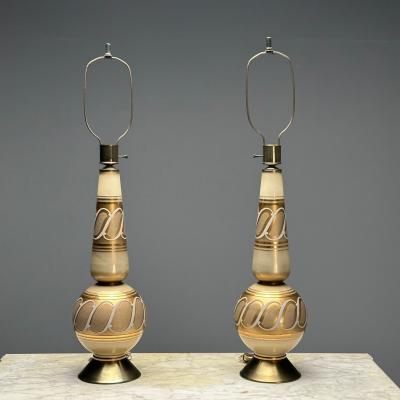 Italian Mid Century Modern Large Table Lamps Gold Glass Brass Italy 1960s