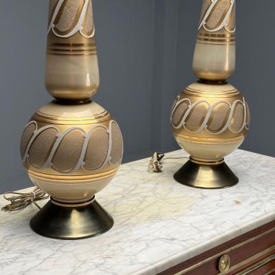 Italian Mid Century Modern Large Table Lamps Gold Glass Brass Italy 1960s