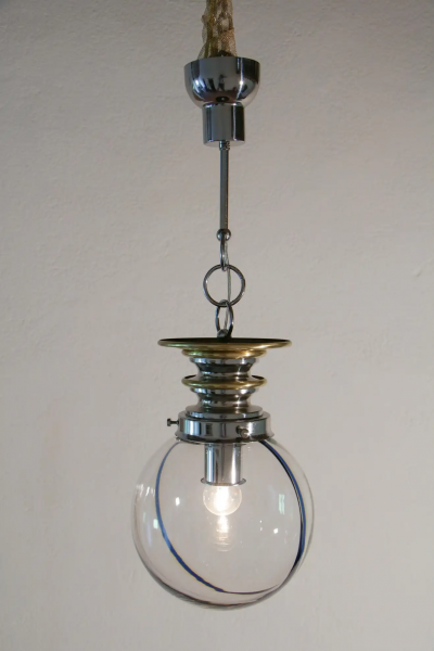 Italian Mid Century Modern Murano Ball Glass Pendant Lamp Blue Wire 1970s