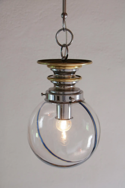 Italian Mid Century Modern Murano Ball Glass Pendant Lamp Blue Wire 1970s