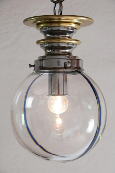 Italian Mid Century Modern Murano Ball Glass Pendant Lamp Blue Wire 1970s