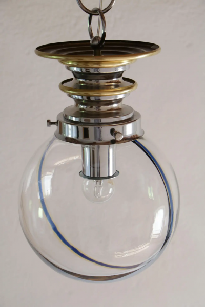 Italian Mid Century Modern Murano Ball Glass Pendant Lamp Blue Wire 1970s