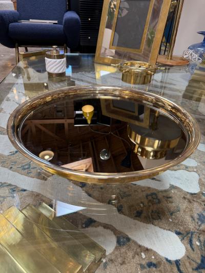 Italian Mid Century Modern Round Smoked Glass and Brass Serving Tray 1970s