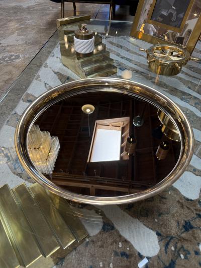 Italian Mid Century Modern Round Smoked Glass and Brass Serving Tray 1970s