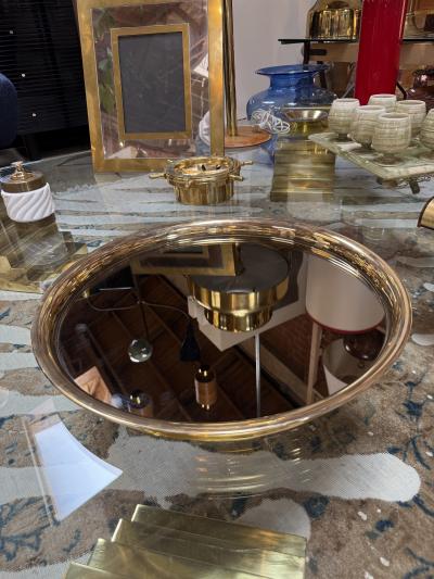 Italian Mid Century Modern Round Smoked Glass and Brass Serving Tray 1970s