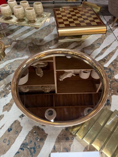 Italian Mid Century Modern Round Smoked Glass and Brass Serving Tray 1970s