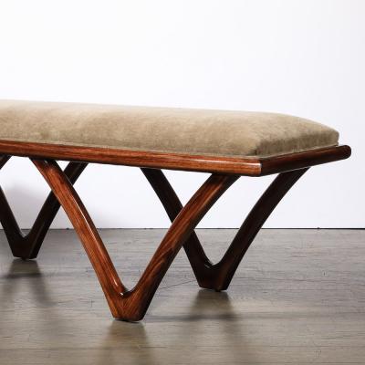 Italian Mid Century Modern Sculptural Graphic Walnut Taupe Mohair Bench