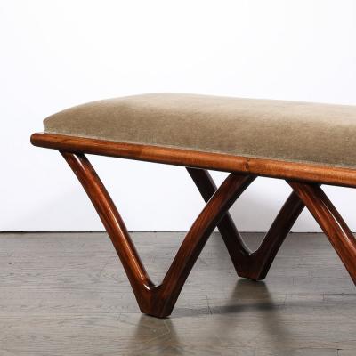 Italian Mid Century Modern Sculptural Graphic Walnut Taupe Mohair Bench