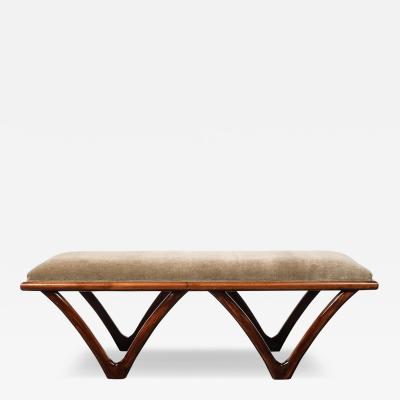 Italian Mid Century Modern Sculptural Graphic Walnut Taupe Mohair Bench