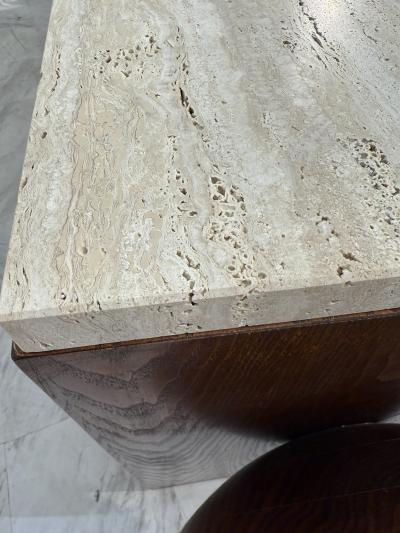 Italian Mid Century Modern Sideboard with Travertine Top Circular Red Accents