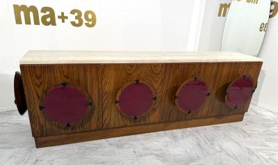 Italian Mid Century Modern Sideboard with Travertine Top Circular Red Accents