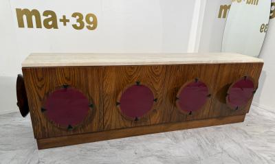 Italian Mid Century Modern Sideboard with Travertine Top Circular Red Accents