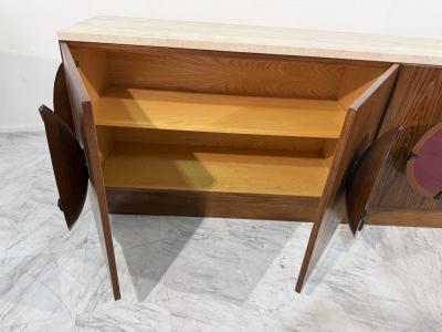 Italian Mid Century Modern Sideboard with Travertine Top Circular Red Accents