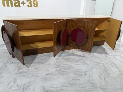 Italian Mid Century Modern Sideboard with Travertine Top Circular Red Accents