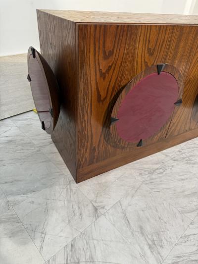 Italian Mid Century Modern Sideboard with Travertine Top Circular Red Accents