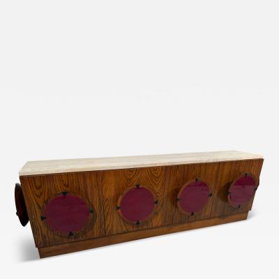 Italian Mid Century Modern Sideboard with Travertine Top Circular Red Accents