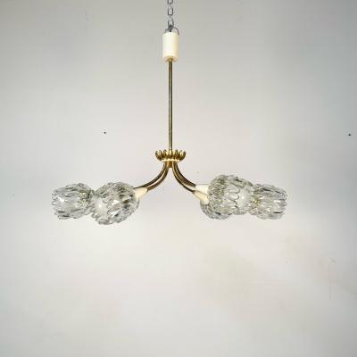 Italian Mid Century Modern Six Light Brass Pendant Chandelier Textured Glass