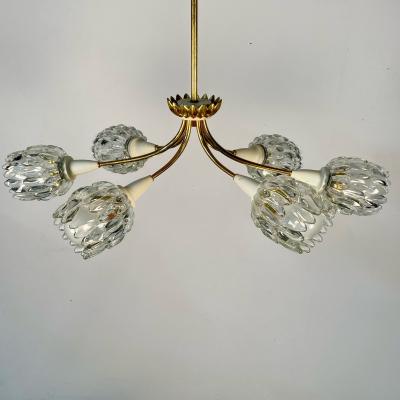 Italian Mid Century Modern Six Light Brass Pendant Chandelier Textured Glass