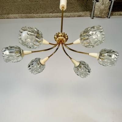 Italian Mid Century Modern Six Light Brass Pendant Chandelier Textured Glass