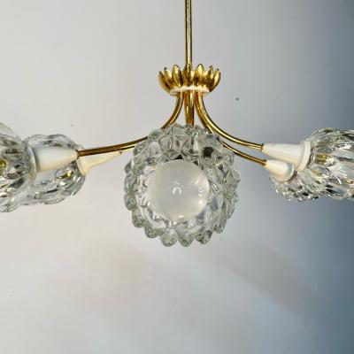 Italian Mid Century Modern Six Light Brass Pendant Chandelier Textured Glass