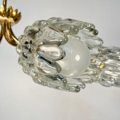 Italian Mid Century Modern Six Light Brass Pendant Chandelier Textured Glass