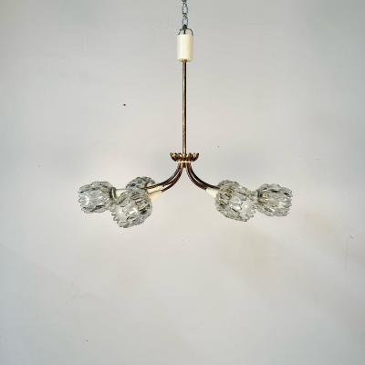 Italian Mid Century Modern Six Light Brass Pendant Chandelier Textured Glass