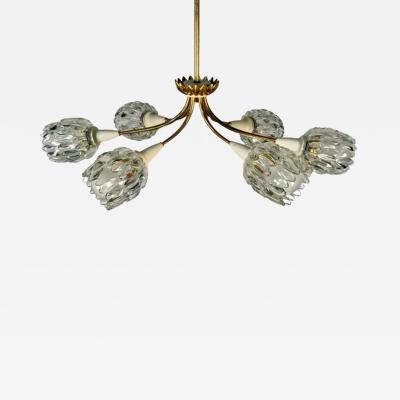 Italian Mid Century Modern Six Light Brass Pendant Chandelier Textured Glass