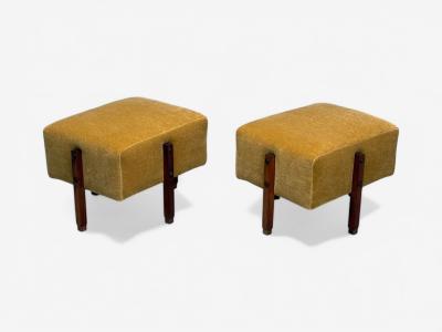 Italian Mid Century Modern Stained Wood Camel Mohair Ottomans Italy 1960s
