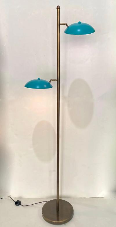 Italian Mid Century Modern Style Sea Blue Lacquer Adjustable Bronzed Floor Lamp