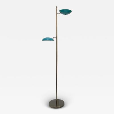 Italian Mid Century Modern Style Sea Blue Lacquer Adjustable Bronzed Floor Lamp