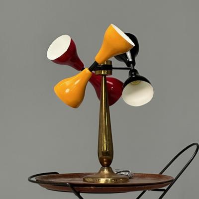 Italian Mid Century Modern Table Lamp Enameled Shades Patinated Brass 1960s
