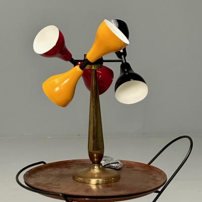 Italian Mid Century Modern Table Lamp Enameled Shades Patinated Brass 1960s
