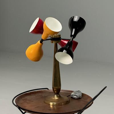 Italian Mid Century Modern Table Lamp Enameled Shades Patinated Brass 1960s