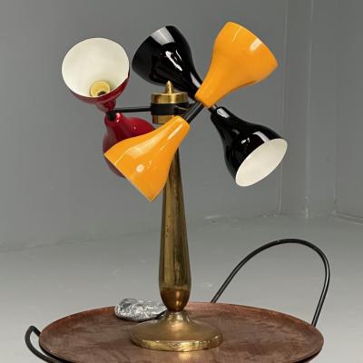 Italian Mid Century Modern Table Lamp Enameled Shades Patinated Brass 1960s