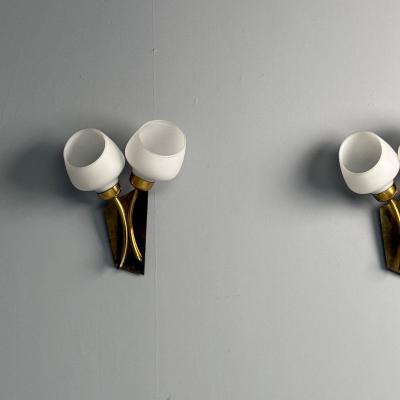 Italian Mid Century Modern Tulip Form Wall Sconces Patinated Brass 1950s