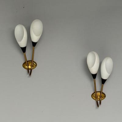 Italian Mid Century Modern Wall Sconces Brass Opaline Glass Italy 1950s