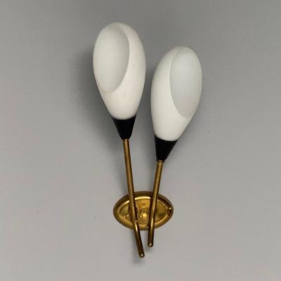 Italian Mid Century Modern Wall Sconces Brass Opaline Glass Italy 1950s