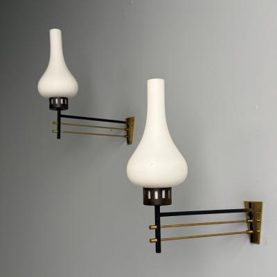 Italian Mid Century Modern Wall Sconces Patinated Brass Opaline Glass 1950s