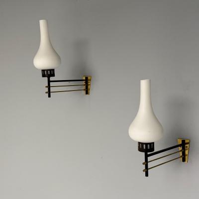 Italian Mid Century Modern Wall Sconces Patinated Brass Opaline Glass 1950s