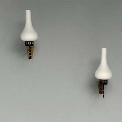 Italian Mid Century Modern Wall Sconces Patinated Brass Opaline Glass 1950s