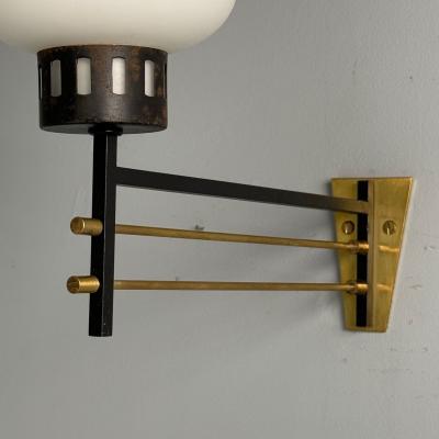 Italian Mid Century Modern Wall Sconces Patinated Brass Opaline Glass 1950s