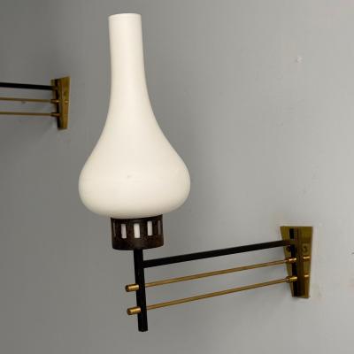 Italian Mid Century Modern Wall Sconces Patinated Brass Opaline Glass 1950s