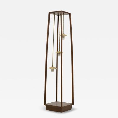 Italian Mid Century Modern Wood Framed 3 Pendant Brass Floor Lamp