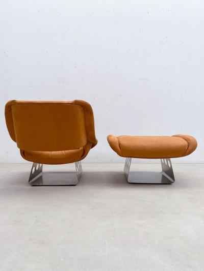 Italian Mid Century Orange Lounge Chair Ottoman