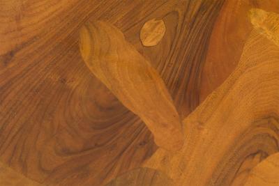 Italian Mid Century Oyster Burl Three Drawer Sabre Leg Writing Desk